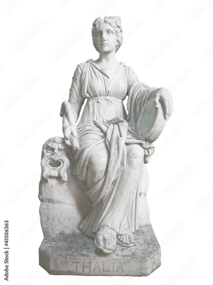 Old statue of the  greek muse Thalia isolated on white