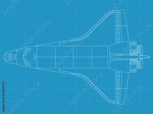 High detailed vector of a space shuttle on blueprint paper