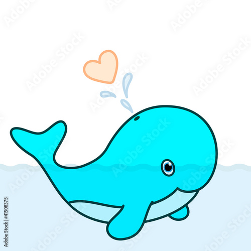 Cute baby whale cartoon character blowing a heart water splash