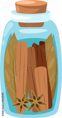 cinnamon star anise and dry leaf in glass jar