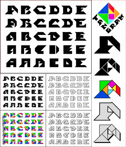 Tangram font, fixed-height alphabet, letters A,B,C,D,E, 5 styles