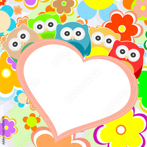 owls  flowers and valentines heart in frame. vector