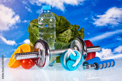 fitness dumbbells, water and healthy food