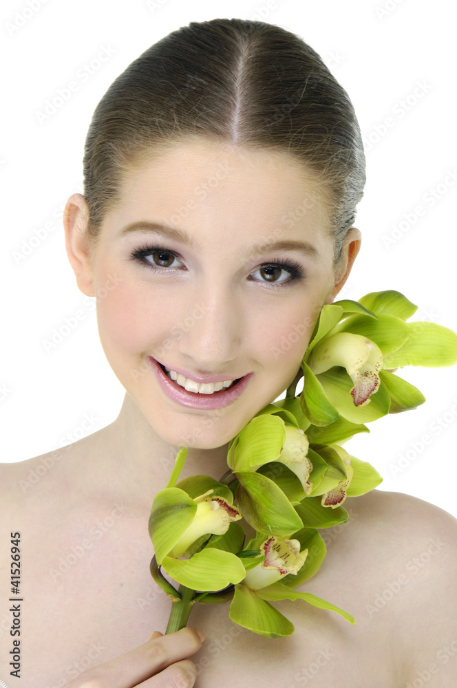 bright picture of lovely girl with orchid bright picture of lovely girl with orchid