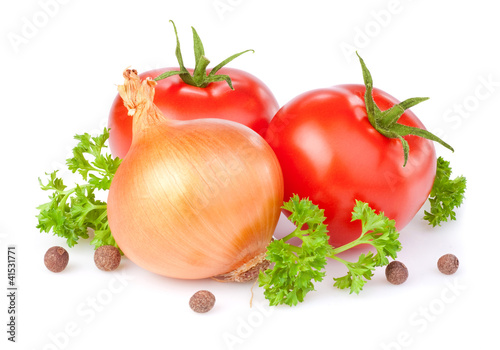Two red tomatoes, bulbs of onion, parsley and Allspice isolated