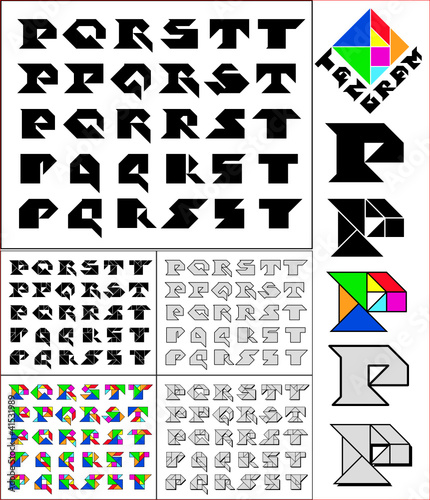 Tangram font, fixed-height alphabet, letters P,Q,R,S,T, 5 styles