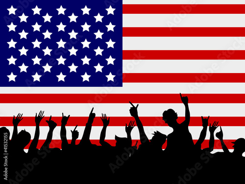 people gathering in front of USA flag