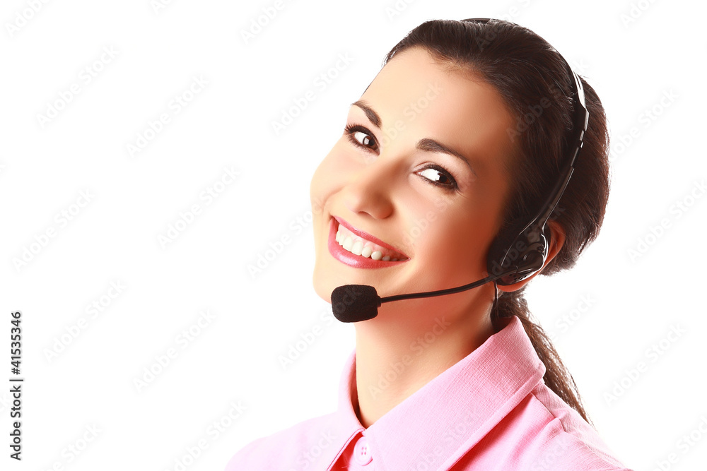 Face of smiling woman with headphones isolated Face of smiling woman with headphones isolated