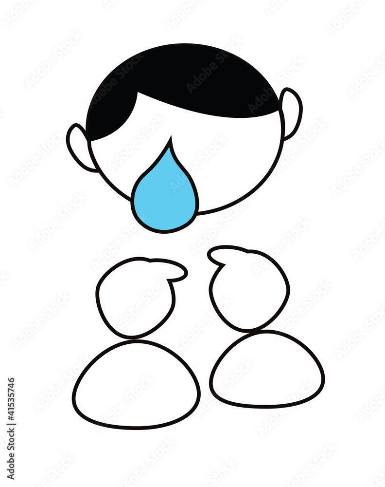 Cartoon boy crying big blue tear isolated on white Cartoon boy crying big blue tear isolated on white
