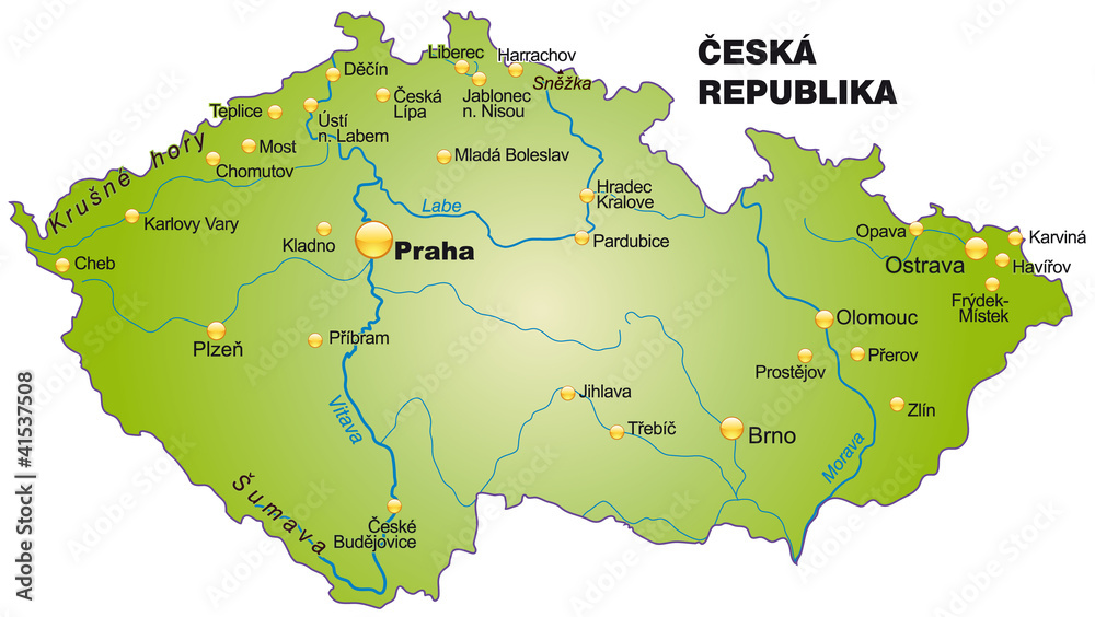 Obraz premium Inselkarte von Tschechien mit Hauptstädten in grün