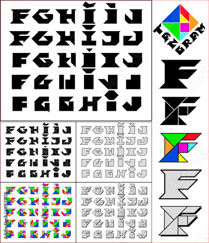 Tangram font, fixed-height alphabet, letters F,G,H,I,J, 5 styles