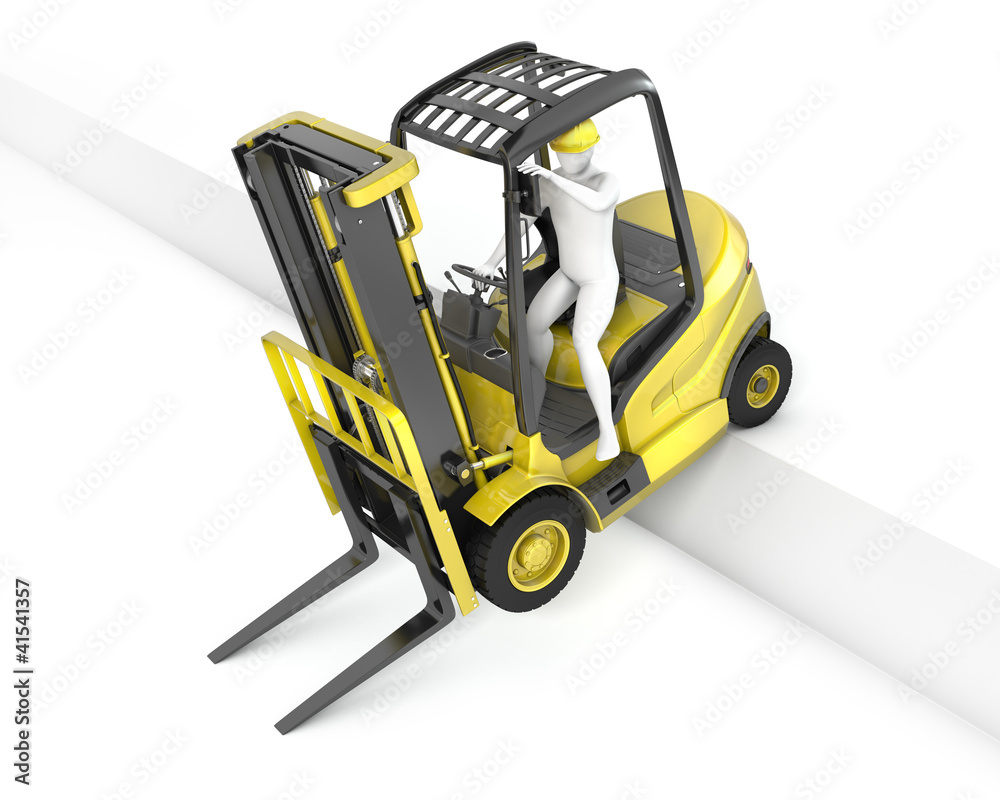 Yellow fork lift truck stuck after falling from ramp Yellow fork lift truck stuck after falling from ramp