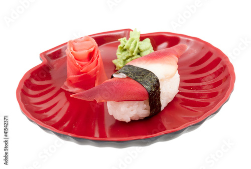 Hokkigai Mollusc sushi on white background