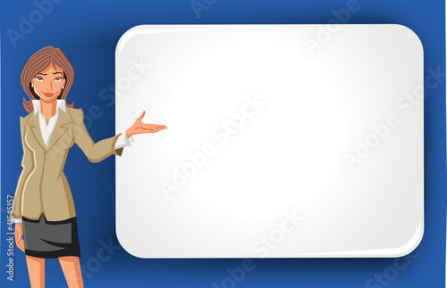Cartoon business woman and white billboard with empty space