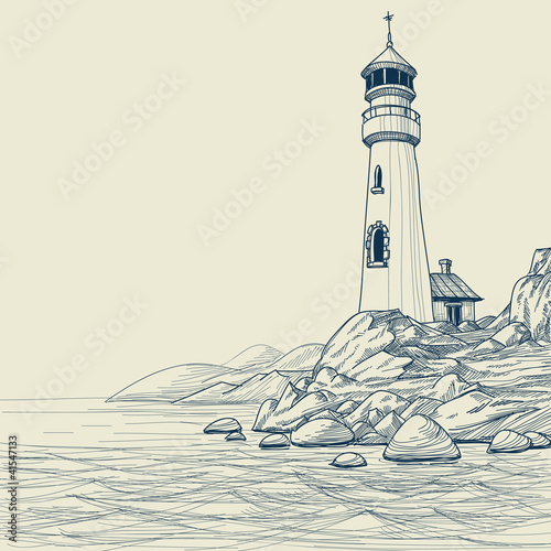 Lighthouse on seashore vector sketch