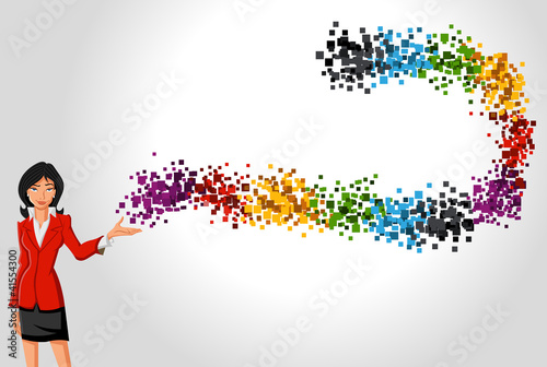 Cartoon business woman with a wave of colorful dots