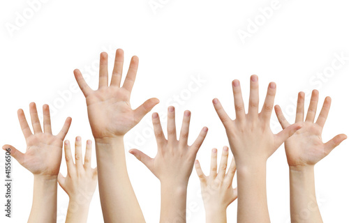 Human hands raised up, isolated on white, clipping path