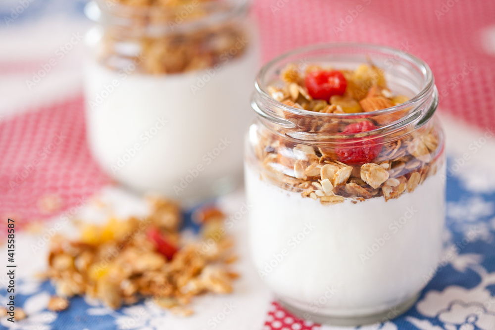 delicious and healthy yogurt and granola, fruits, nuts, grains delicious and healthy yogurt and granola, fruits, nuts, grains