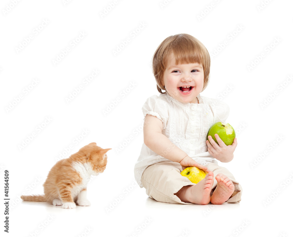 kid eating apples with cat kid eating apples with cat