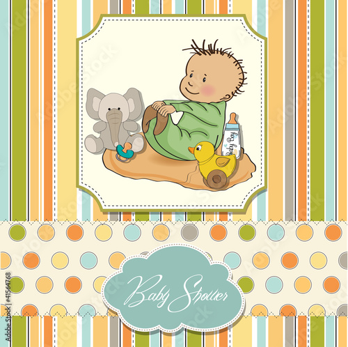little baby boy play with his toy  baby shower card