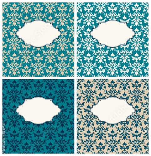 4 Cards Pattern Flowers/Leafs Damask Blue