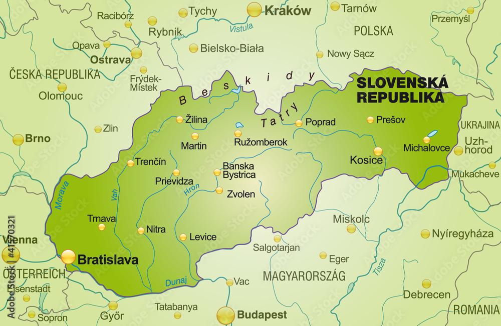 Map of Slovakia with neighboring countries in green