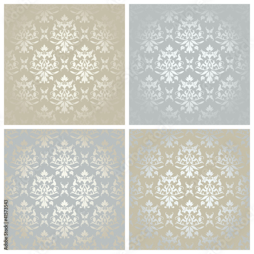 Gold/Silver 4 Seamless Damask Patterns Flowers/Leafs