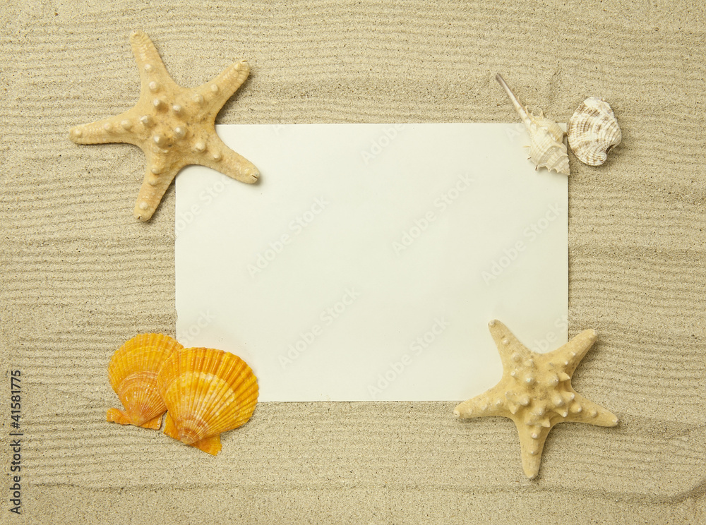 starfish and shells with frame on the beach, vacation memories starfish and shells with frame on the beach, vacation memories