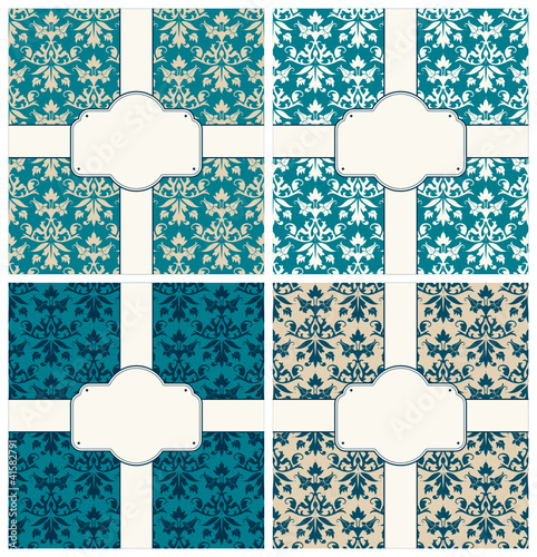 4 Cards Pattern Flowers/Leafs Banner Label Blue