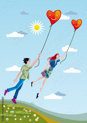 Man And Woman Flying With Hearts