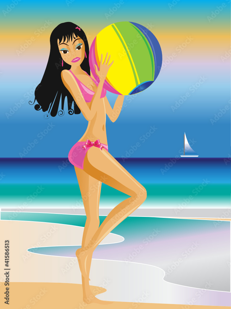 Girl beach with ball background vector Girl beach with ball background vector
