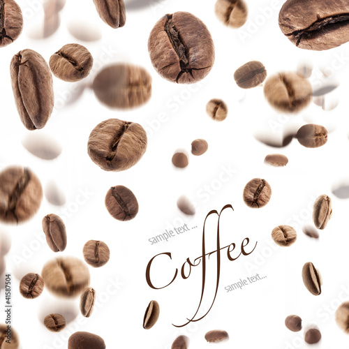 Flying coffee beans, on white background (with sample text)