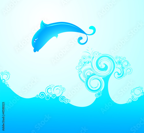 The dolphin in sea waves. Vector.