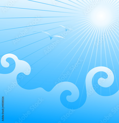 Sea waves and the seagulls. Vector.