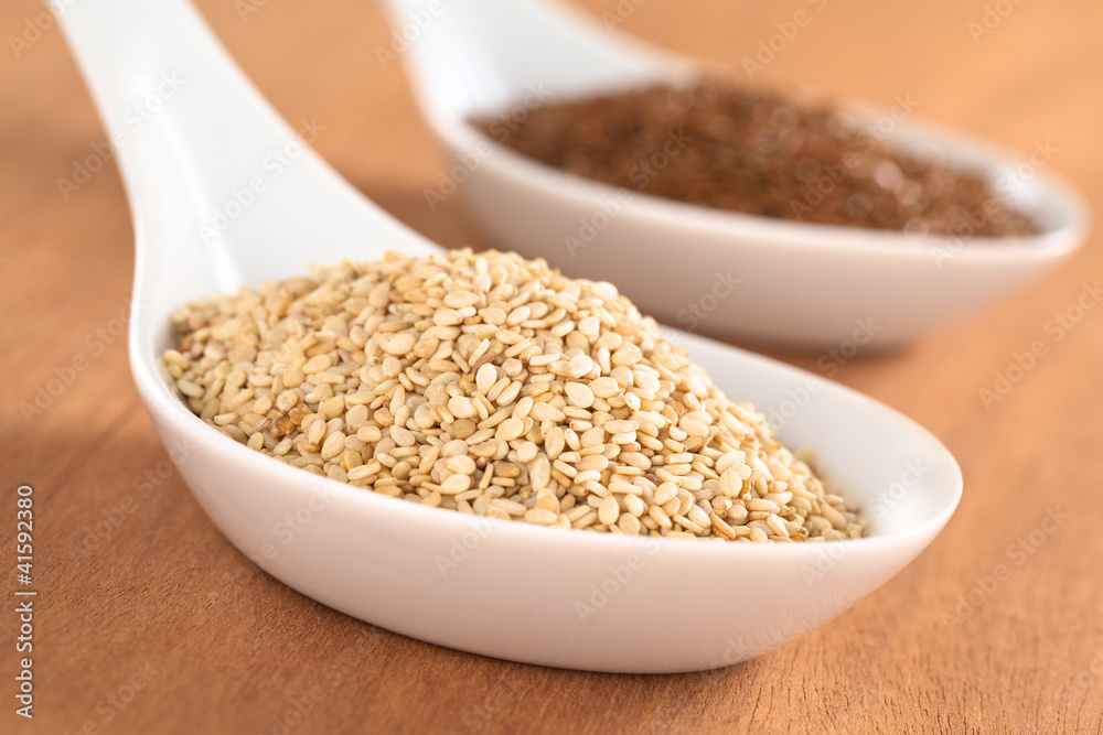Sesame seeds and brown flax seeds on ceramic spoon Sesame seeds and brown flax seeds on ceramic spoon