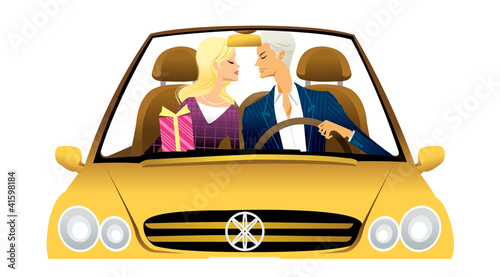 Young couple driving convertible car