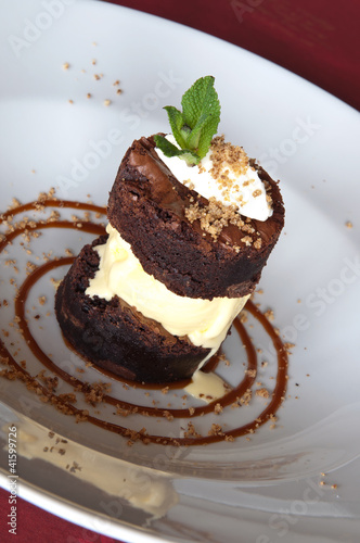 Excellent brownies with ice cream on a white plate