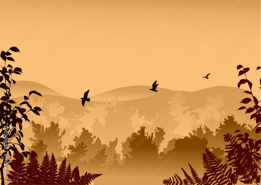 brown forest and birds in sky