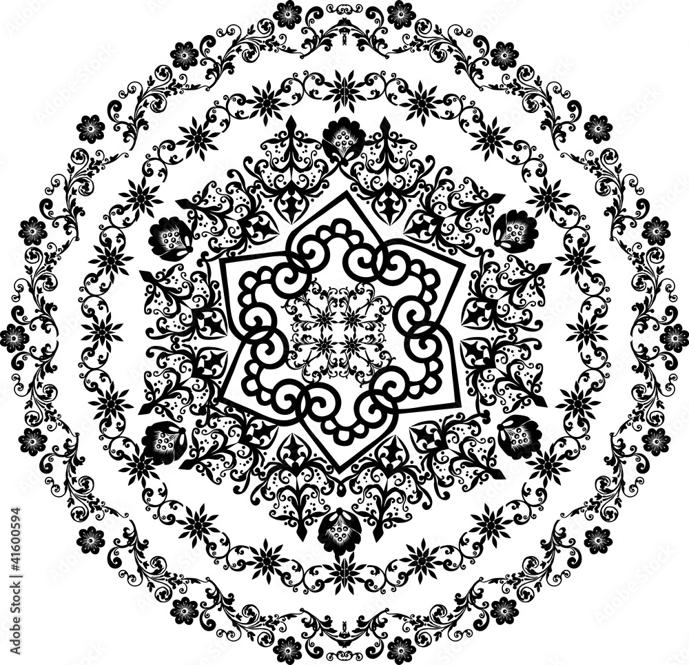 curled black floral round design