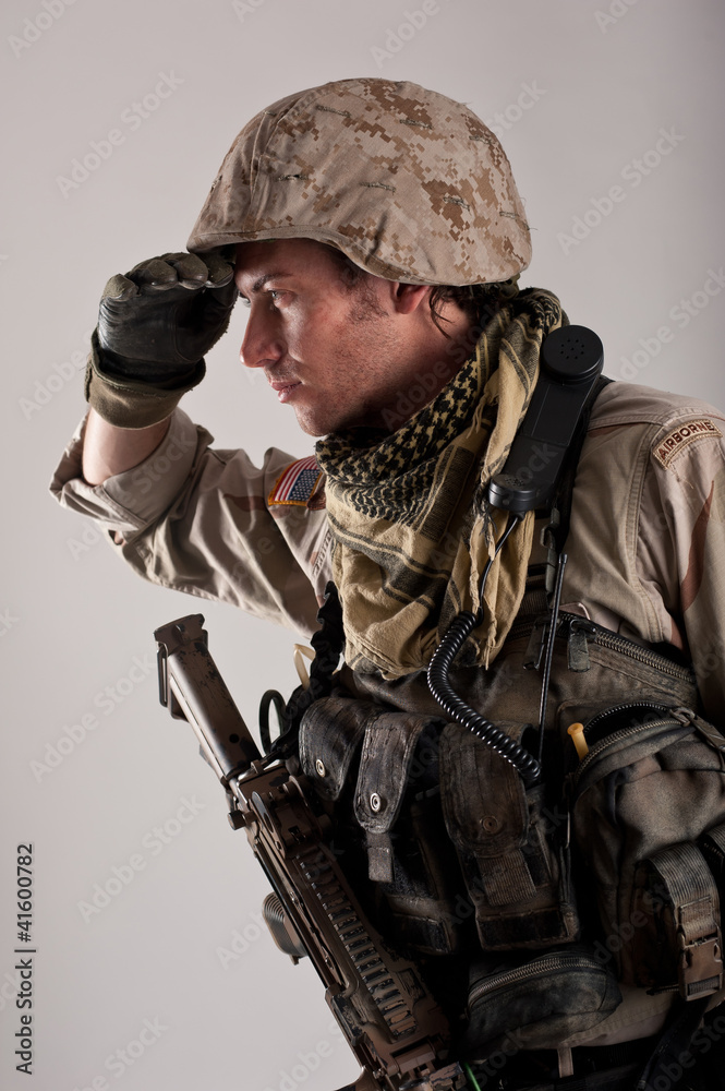 Portrait of exploring soldier.