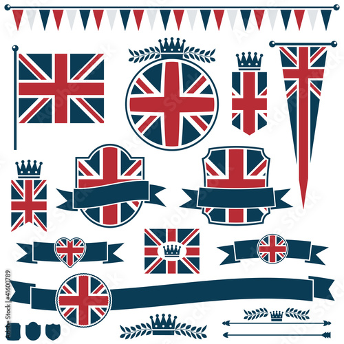 Clipart vector set of union jack uk flags ribbons banners crests isolated on white