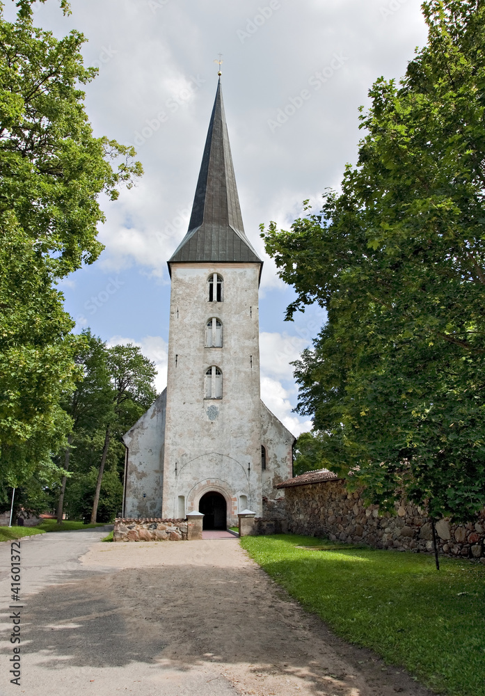 Lutheran church tower in Jaunpils, Latvia.