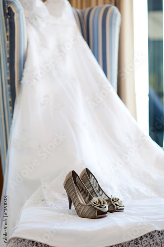 wedding dress and shoes for the bride