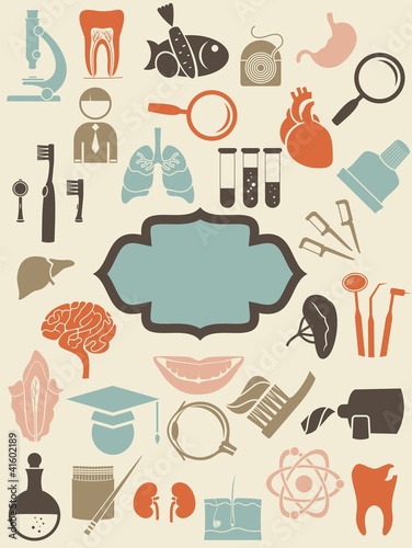retro medical icons with blank banner