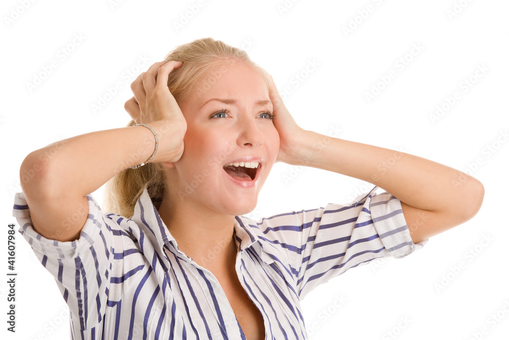 Screaming woman touching her head Screaming woman touching her head