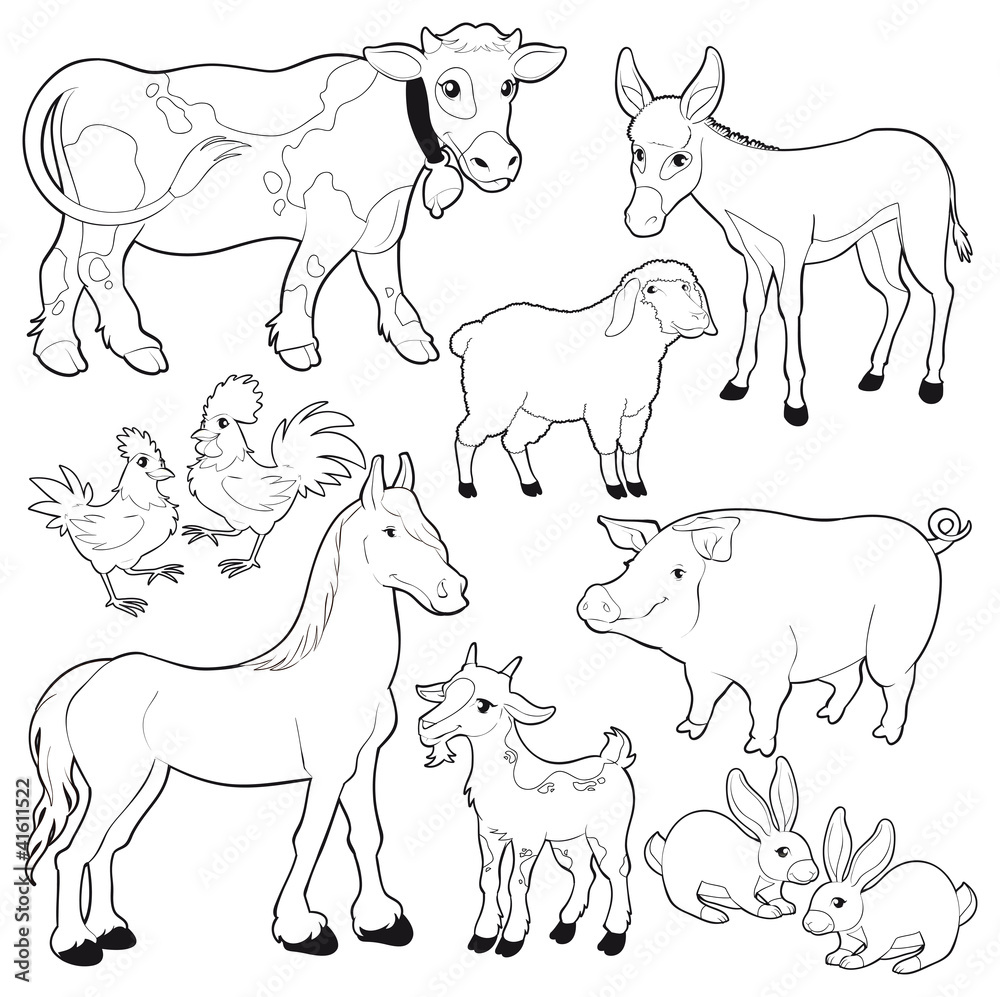 Farm animals. Vector cartoon black/white characters. Stock Vector | Adobe  Stock