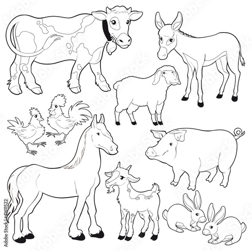 Farm animals. Vector cartoon black white characters.