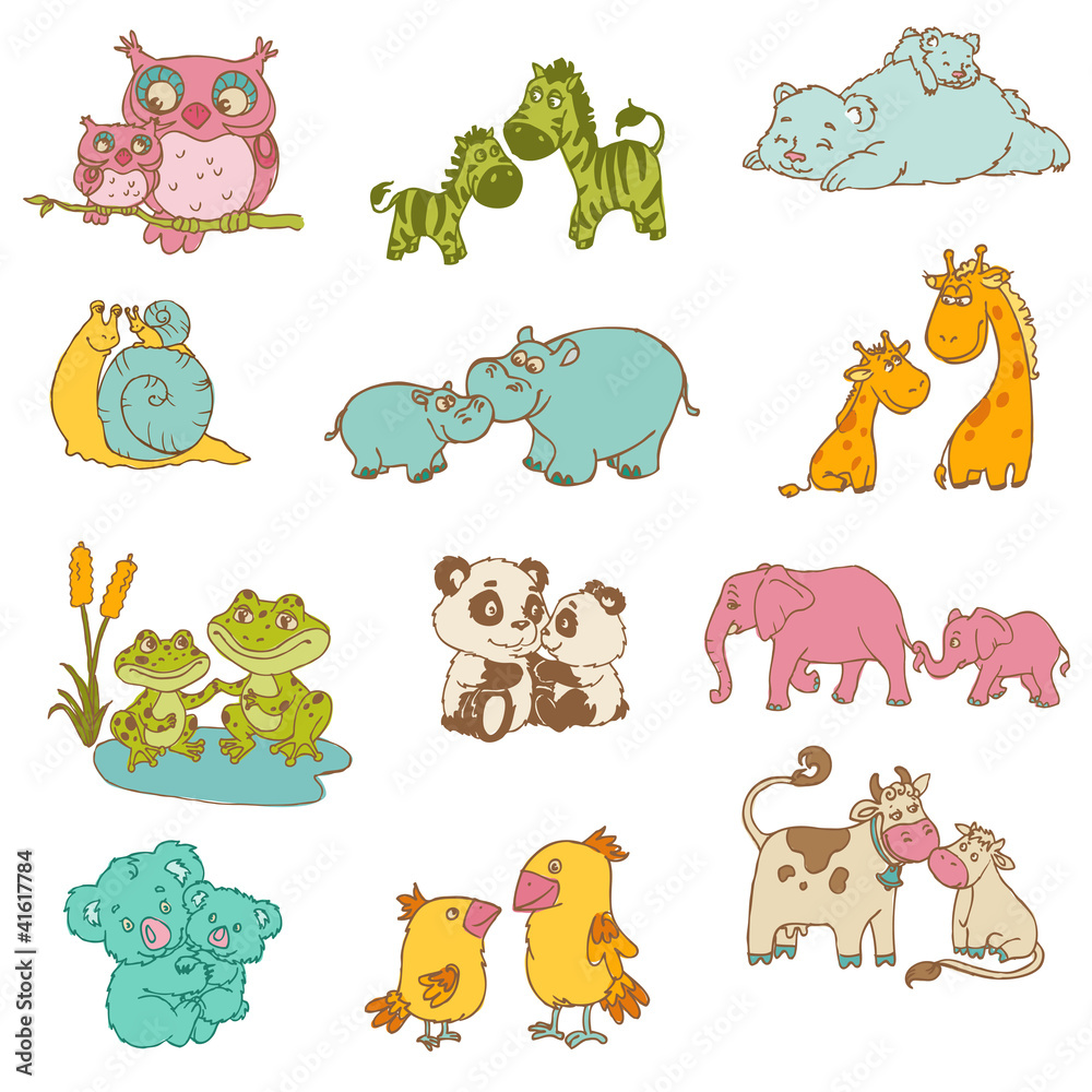 Naklejka premium Baby and Mommy Animals - hand drawn - in vector