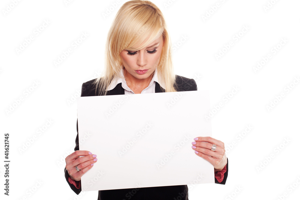 Professional woman holding a blank signboard Professional woman holding a blank signboard