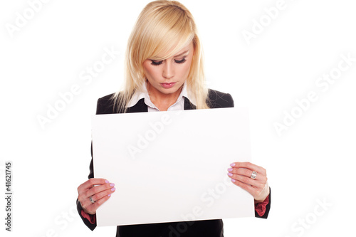 Professional woman holding a blank signboard